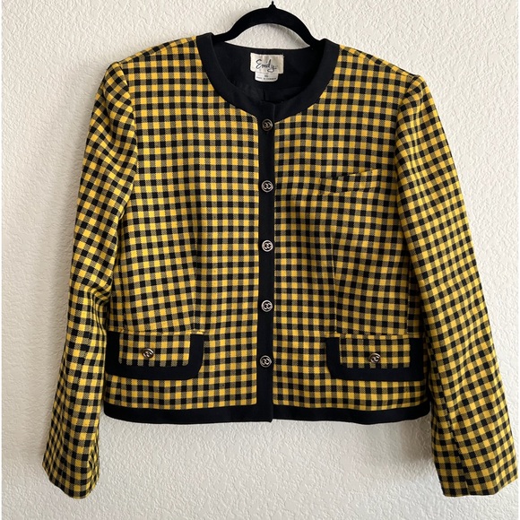 Emily Jackets & Blazers - Vintage 90s Blazer Black Yellow Checkered Blazer Jacket Boxy Wool Blazer Blend